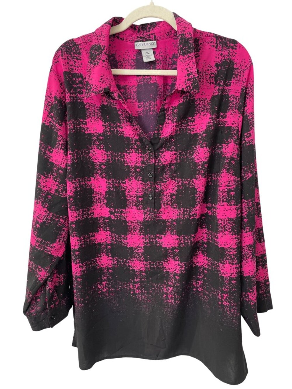 Catherines Plaid Popover Tunic Shirt Women Plus Size 2X Pink Black Career Office